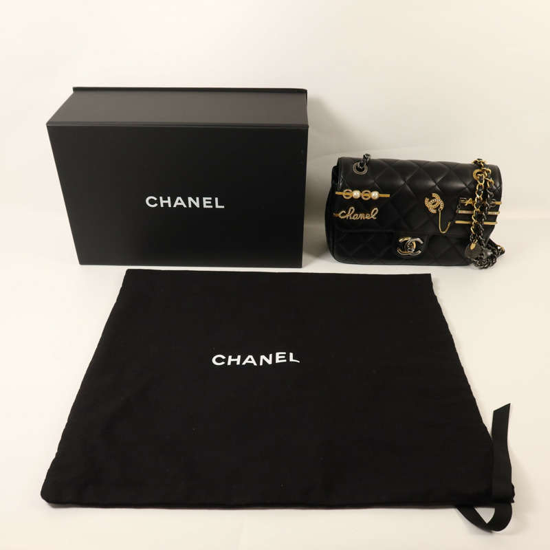 CHANEL 羊皮皮革Pearl Hairpin Badge鏈帶肩背袋-12