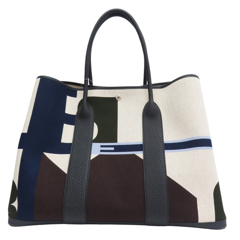 黑色牛皮 白色帆布 Garden Party GM 手提包 B刻【HERMES 愛馬仕】