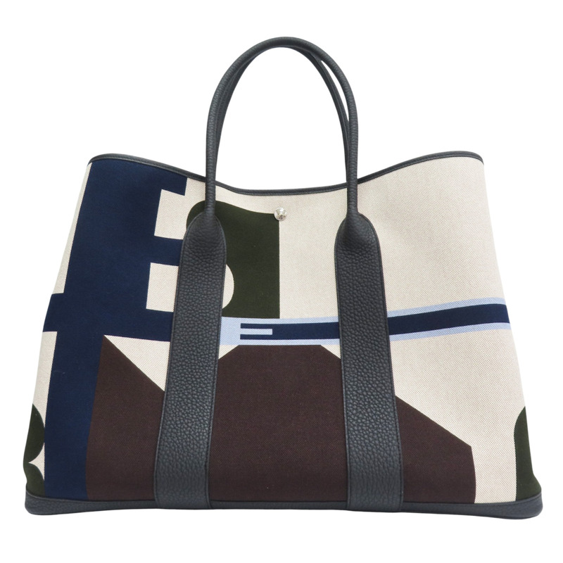 黑色牛皮 白色帆布 Garden Party GM 手提包 B刻【HERMES 愛馬仕】-1