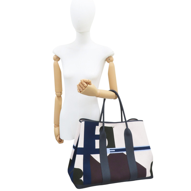 黑色牛皮 白色帆布 Garden Party GM 手提包 B刻【HERMES 愛馬仕】-8