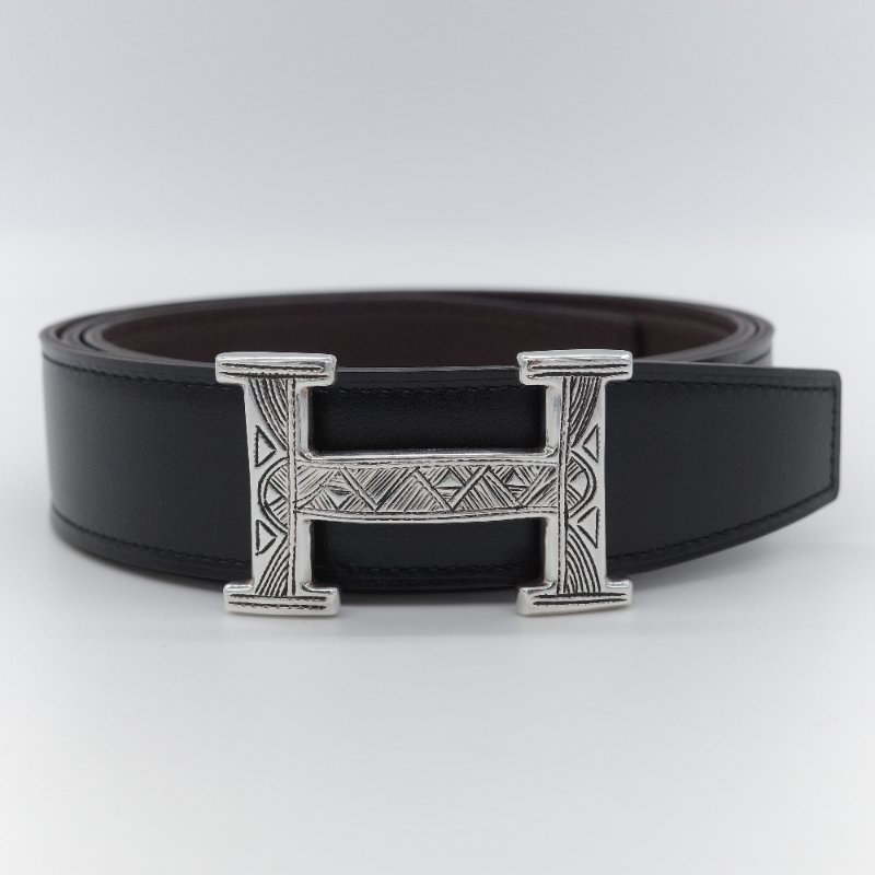 Hermès 愛馬仕 Touareg 手刻圖騰銀製 H 扣 32mm 雙面皮帶-1