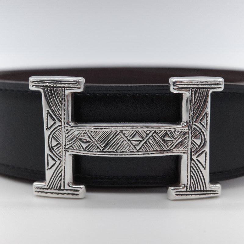 Hermès 愛馬仕 Touareg 手刻圖騰銀製 H 扣 32mm 雙面皮帶-2
