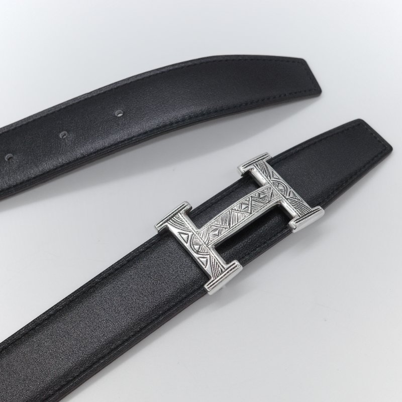 Hermès 愛馬仕 Touareg 手刻圖騰銀製 H 扣 32mm 雙面皮帶-4