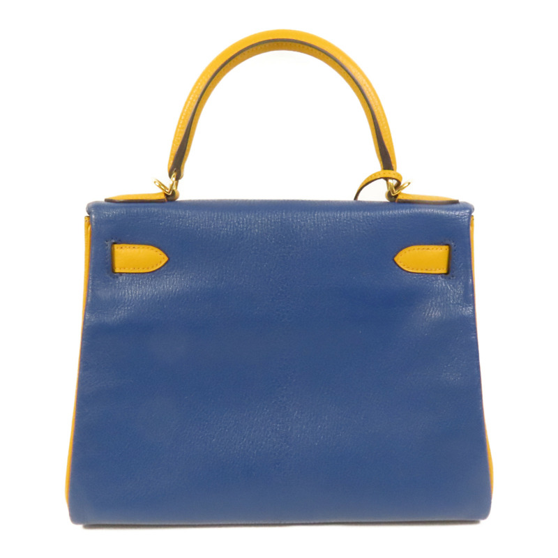 HERMES Chevre皮革Kelly 28金扣手挽肩背兩用袋Deep Blue/Jaune Ambre-1