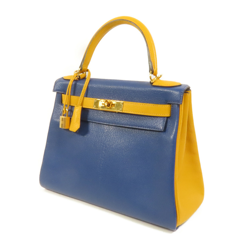 HERMES Chevre皮革Kelly 28金扣手挽肩背兩用袋Deep Blue/Jaune Ambre-2