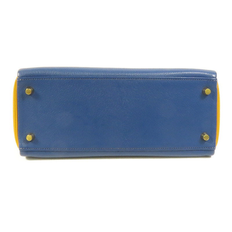 HERMES Chevre皮革Kelly 28金扣手挽肩背兩用袋Deep Blue/Jaune Ambre-3