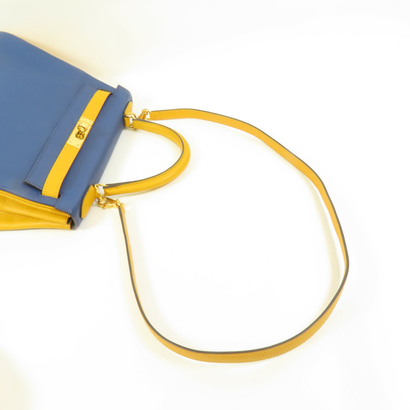 HERMES Chevre皮革Kelly 28金扣手挽肩背兩用袋Deep Blue/Jaune Ambre-4