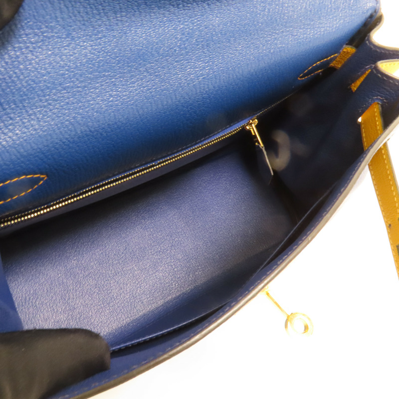 HERMES Chevre皮革Kelly 28金扣手挽肩背兩用袋Deep Blue/Jaune Ambre-5