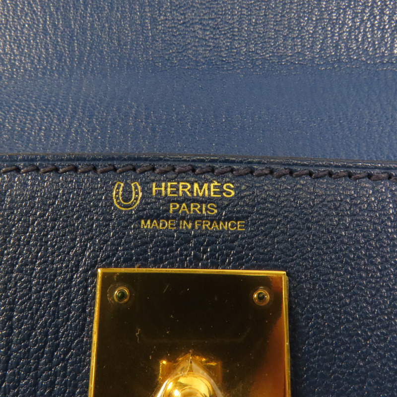 HERMES Chevre皮革Kelly 28金扣手挽肩背兩用袋Deep Blue/Jaune Ambre-9