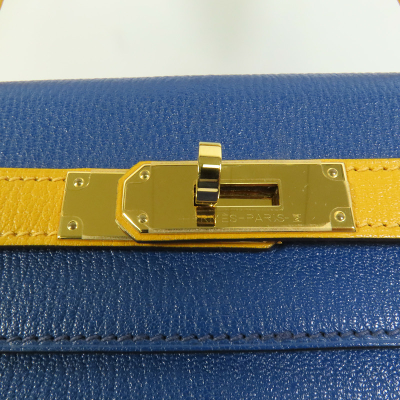 HERMES Chevre皮革Kelly 28金扣手挽肩背兩用袋Deep Blue/Jaune Ambre-10
