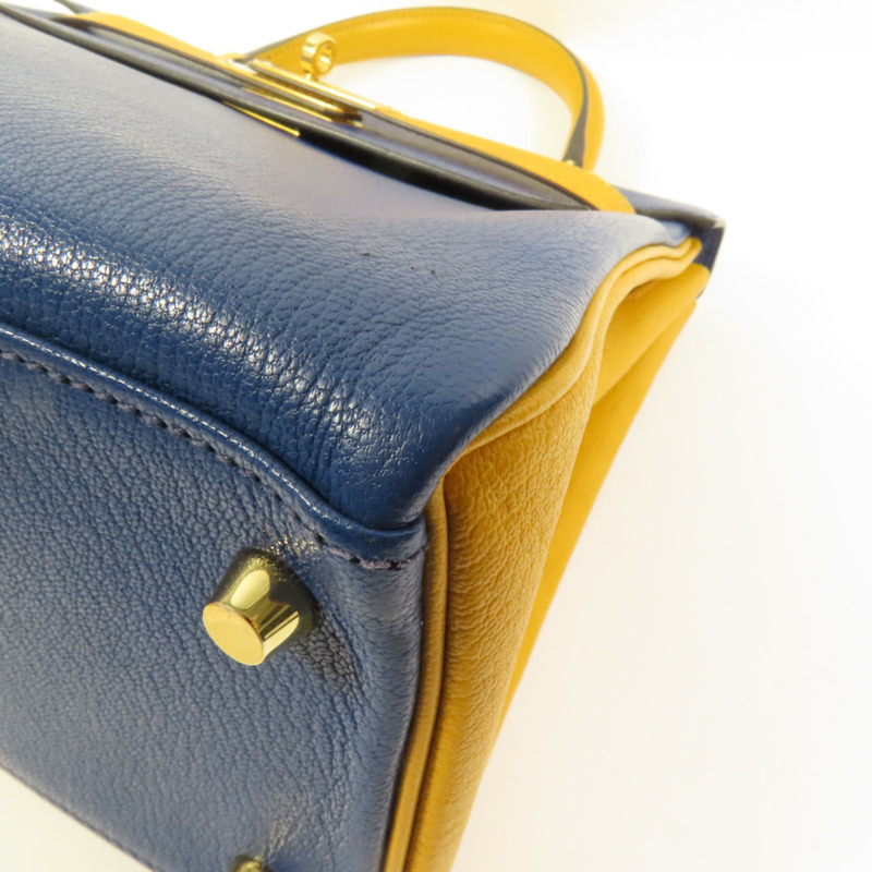 HERMES Chevre皮革Kelly 28金扣手挽肩背兩用袋Deep Blue/Jaune Ambre-12