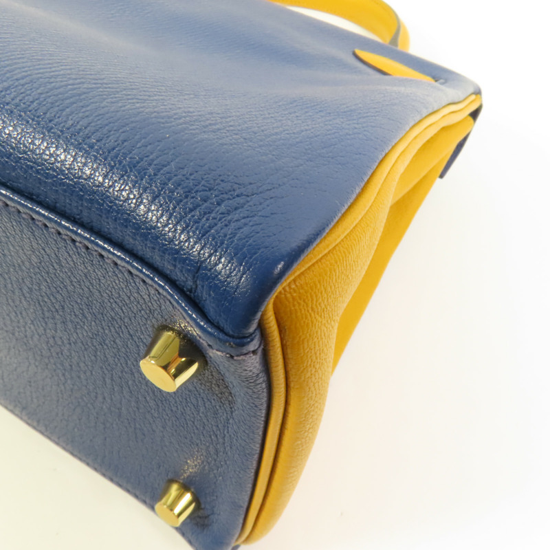 HERMES Chevre皮革Kelly 28金扣手挽肩背兩用袋Deep Blue/Jaune Ambre-13