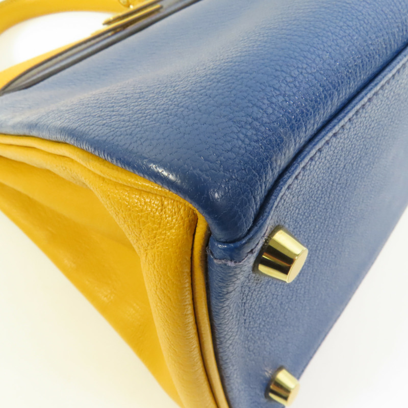 HERMES Chevre皮革Kelly 28金扣手挽肩背兩用袋Deep Blue/Jaune Ambre-15