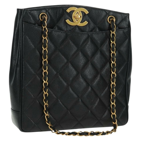 香奈兒 (CHANEL) 菱格紋鏈條肩背包，魚子醬紋皮革，黑色，金色雙C標誌，正品編號 165470V