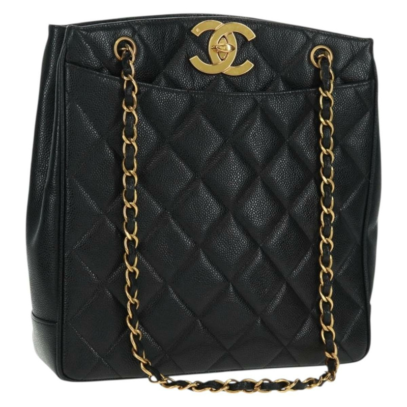 【日本直送】香奈兒 (CHANEL) 菱格紋鏈條肩背包，魚子醬紋皮革，黑色，金色雙C標誌，正品編號 165470V-0