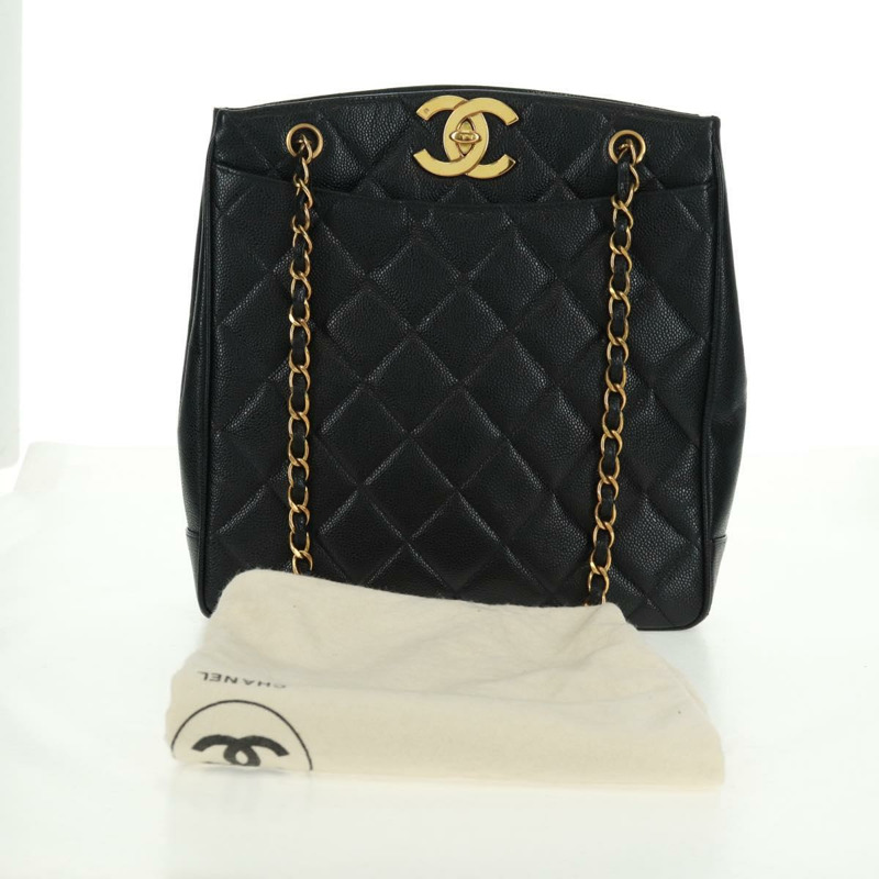 【日本直送】香奈兒 (CHANEL) 菱格紋鏈條肩背包，魚子醬紋皮革，黑色，金色雙C標誌，正品編號 165470V-11