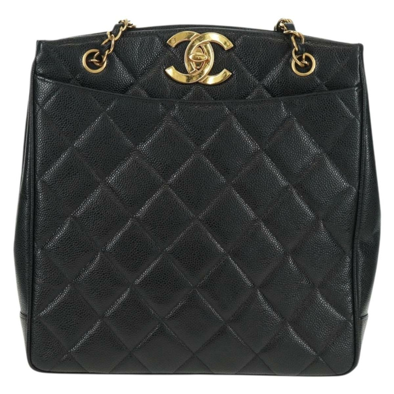 【日本直送】香奈兒 (CHANEL) 菱格紋鏈條肩背包，魚子醬紋皮革，黑色，金色雙C標誌，正品編號 165470V-12