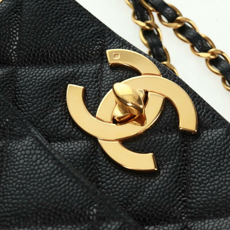 【日本直送】香奈兒 (CHANEL) 菱格紋鏈條肩背包，魚子醬紋皮革，黑色，金色雙C標誌，正品編號 165470V-19