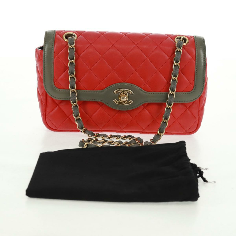 【日本直送】香奈兒 Chain Matelasse 23 單肩包，羊皮材質，紅色，金色雙C標誌，正品編號 168061V-11