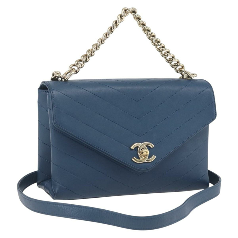 【日本直送】香奈兒 V 字縫線鏈條單肩背包，皮革材質，藍色，金色 CC 標誌，正品 ka1888SAM-0