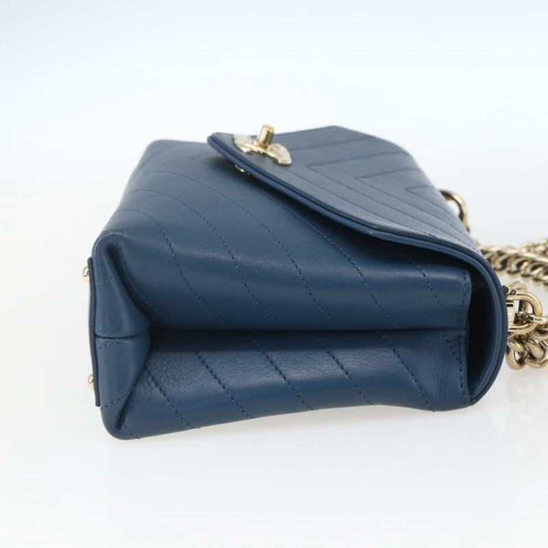 【日本直送】香奈兒 V 字縫線鏈條單肩背包，皮革材質，藍色，金色 CC 標誌，正品 ka1888SAM-3