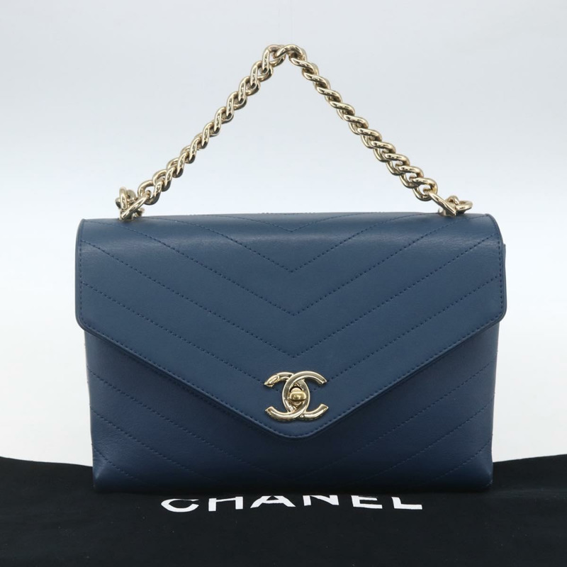 【日本直送】香奈兒 V 字縫線鏈條單肩背包，皮革材質，藍色，金色 CC 標誌，正品 ka1888SAM-11