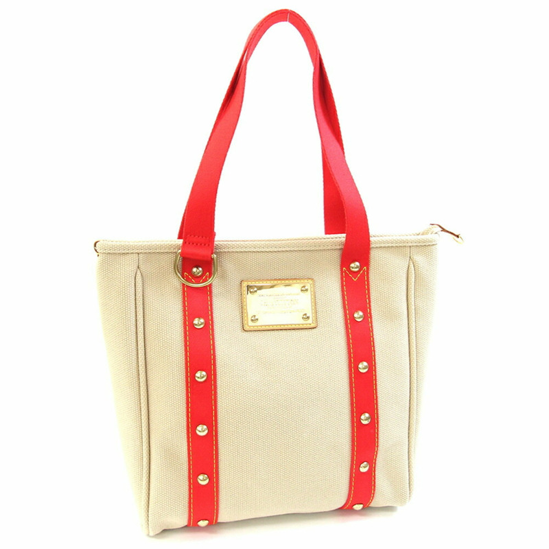 路易威登 Antigua Cabas MM 手提包 M40035 米色/紅色帆布單肩包 女士 LOUISVUITTON-0
