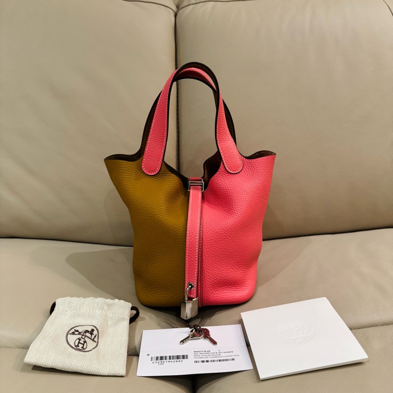 Hermes 愛馬仕 Picotin 菜籃子18/手提包/金棕拼唇膏粉/95新美品-0