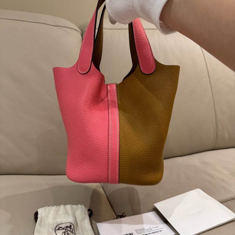Hermes 愛馬仕 Picotin 菜籃子18/手提包/金棕拼唇膏粉/95新美品-4