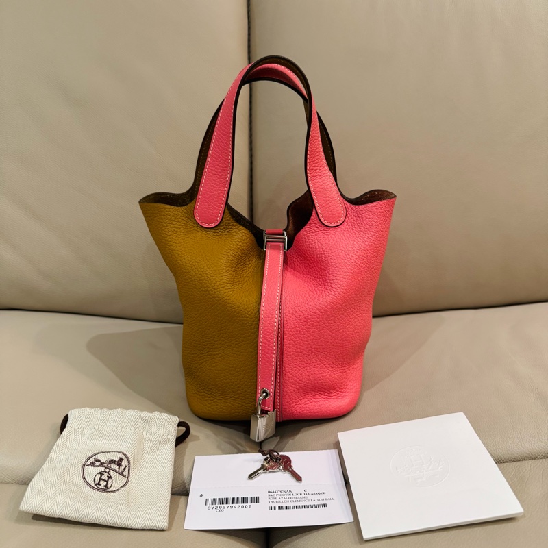 Hermes 愛馬仕 Picotin 菜籃子18/手提包/金棕拼唇膏粉/95新美品-6