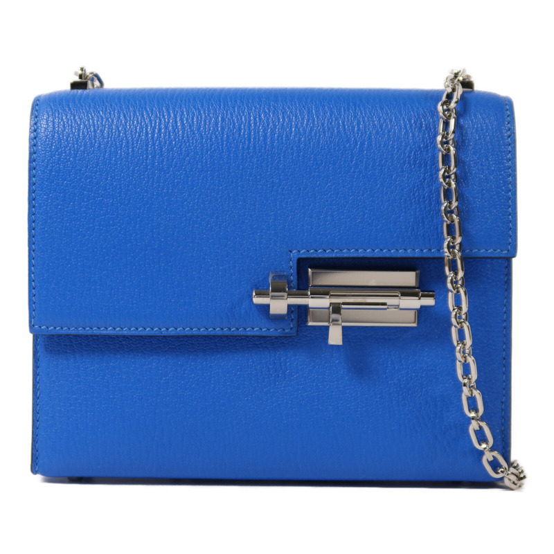 HERMES Chevre皮革Verrou Mini銀扣鏈帶肩背袋Blue Hydra-0