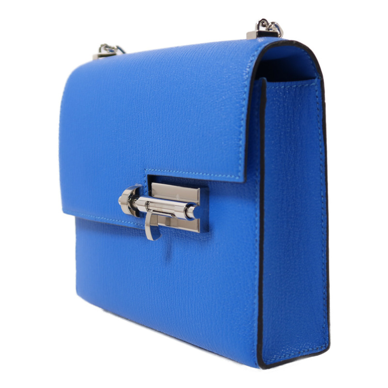 HERMES Chevre皮革Verrou Mini銀扣鏈帶肩背袋Blue Hydra-2