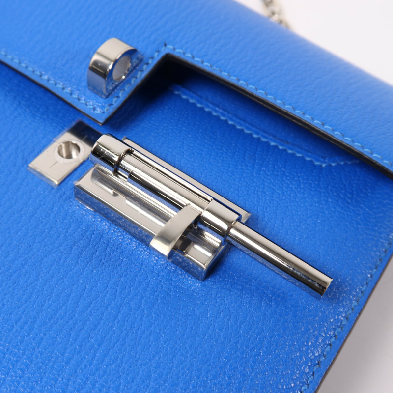 HERMES Chevre皮革Verrou Mini銀扣鏈帶肩背袋Blue Hydra-7