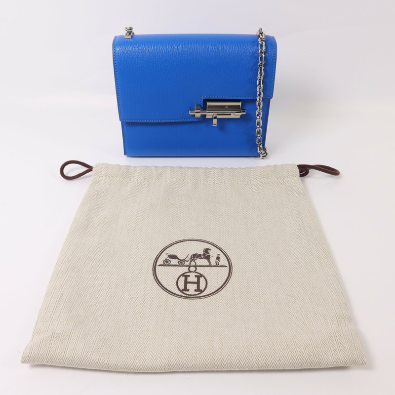 HERMES Chevre皮革Verrou Mini銀扣鏈帶肩背袋Blue Hydra-9