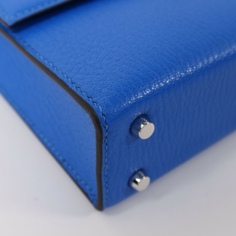 HERMES Chevre皮革Verrou Mini銀扣鏈帶肩背袋Blue Hydra-10