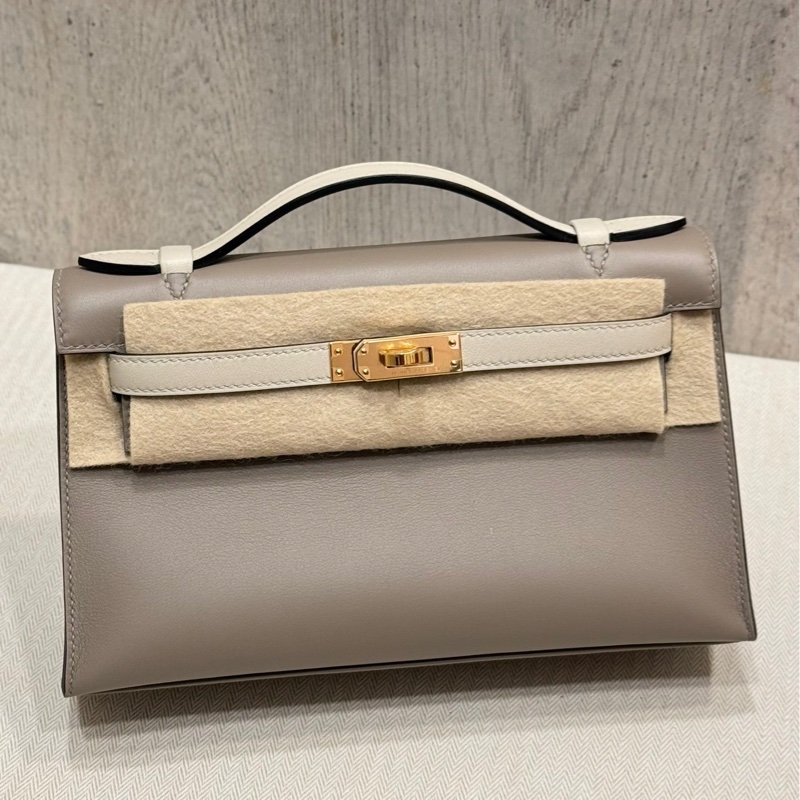Hermes Mini Kelly Pochette VIP 訂製款 M8 銀河灰拼8L冰川白 swift 金釦B刻-0