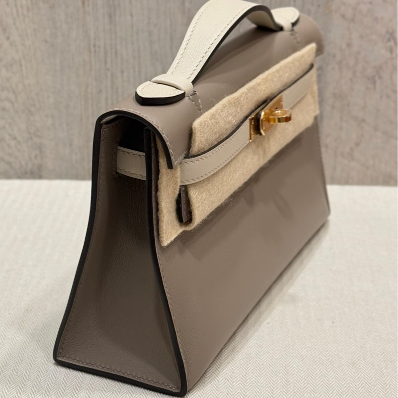 Hermes Mini Kelly Pochette VIP 訂製款 M8 銀河灰拼8L冰川白 swift 金釦B刻-2