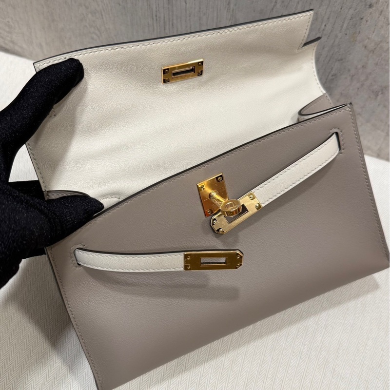 Hermes Mini Kelly Pochette VIP 訂製款 M8 銀河灰拼8L冰川白 swift 金釦B刻-3