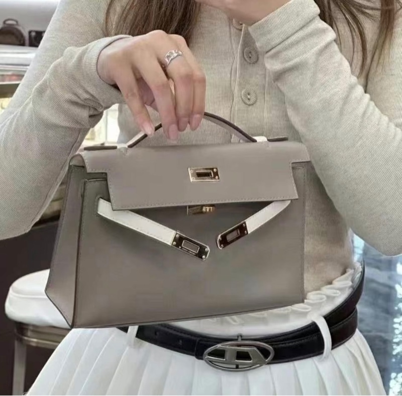 Hermes Mini Kelly Pochette VIP 訂製款 M8 銀河灰拼8L冰川白 swift 金釦B刻-5