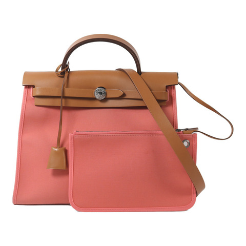HERMES 帆布Herbag PM銀扣手挽肩背兩用袋Rose Azalee