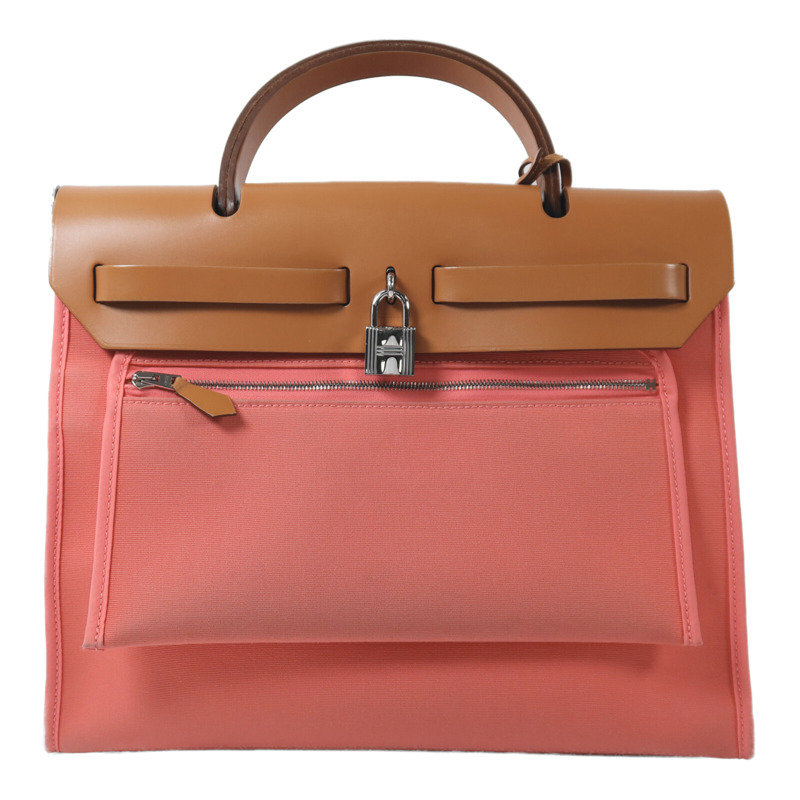 HERMES 帆布Herbag PM銀扣手挽肩背兩用袋Rose Azalee-1