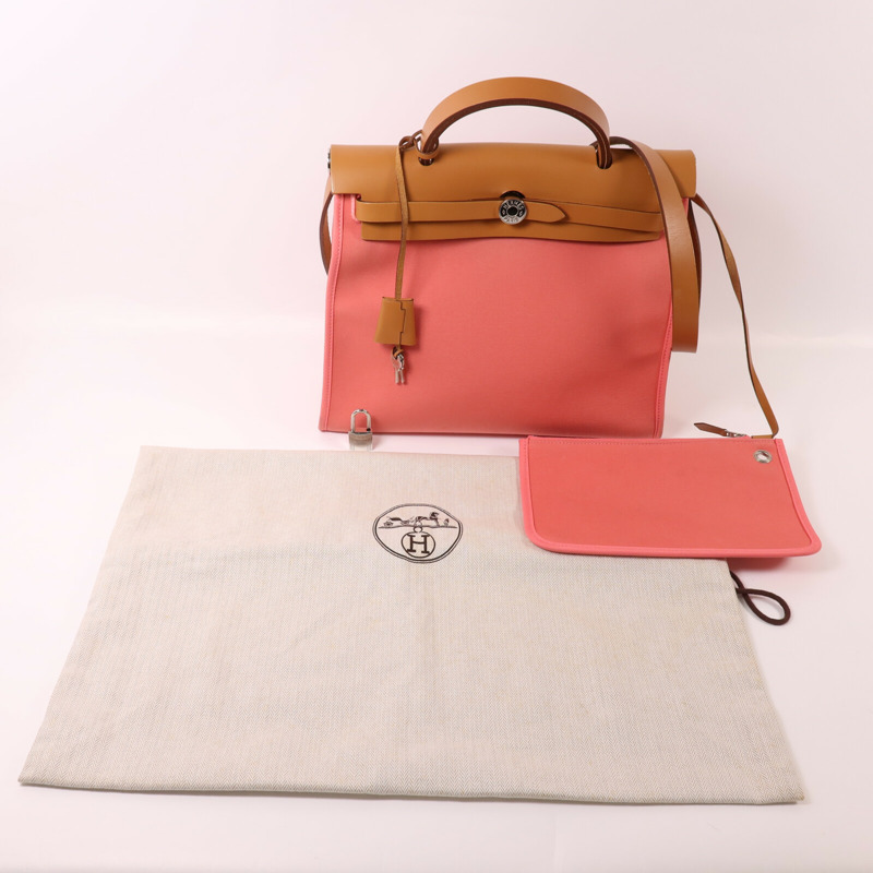 HERMES 帆布Herbag PM銀扣手挽肩背兩用袋Rose Azalee-9
