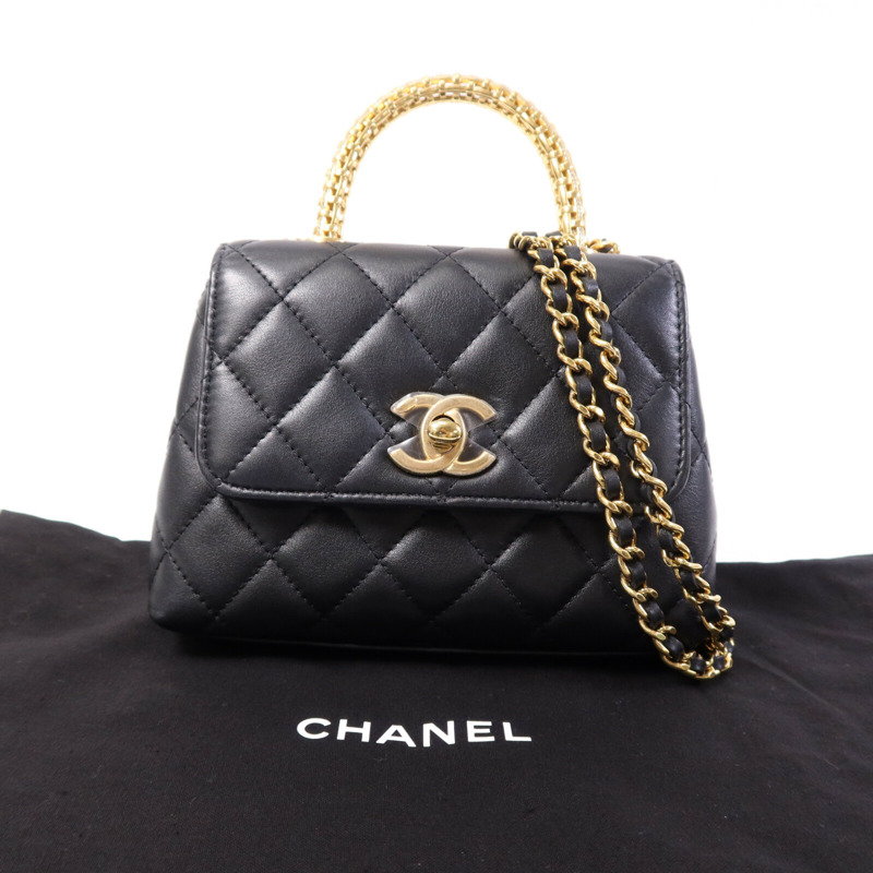 CHANEL 牛皮皮革Coco Handle Nano金扣鏈帶手挽肩背兩用袋-9