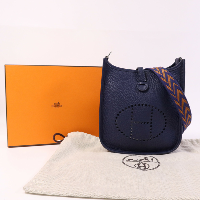 HERMES Clemence皮革Evelyne TPM銀扣肩背袋Bleu Encre-9