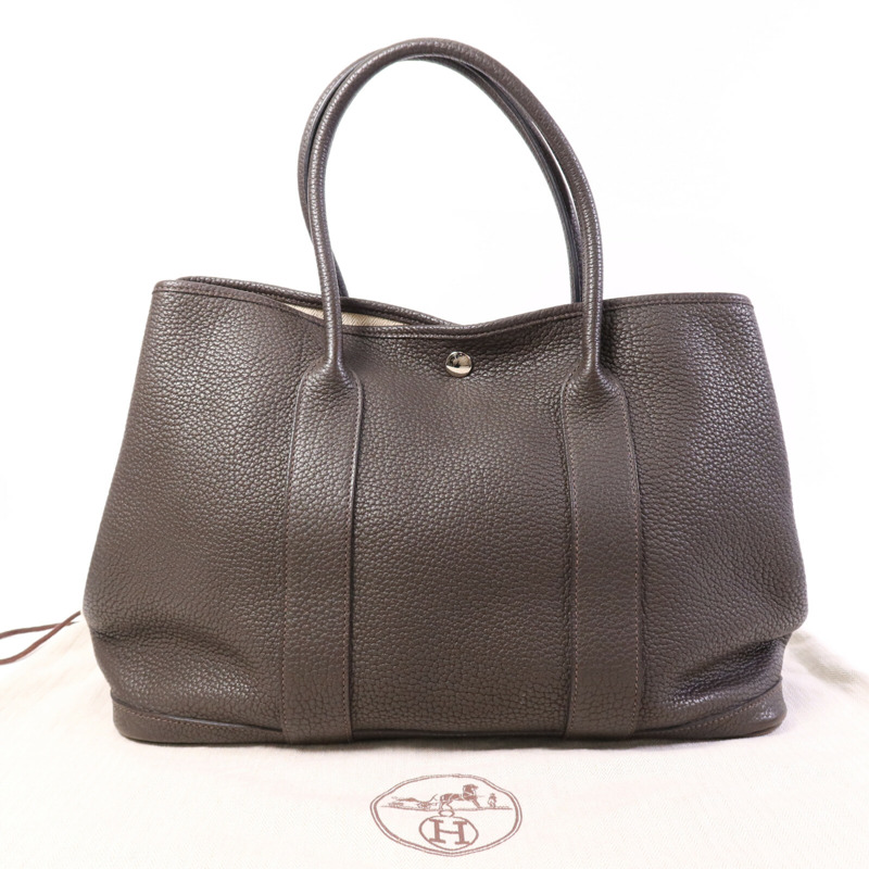 HERMES Negonda皮革GardenParty PM銀扣手挽袋Chocolat-9