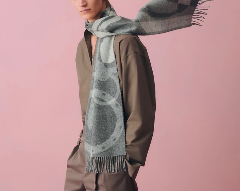 Hermès 男裝淺灰色圍巾 頸巾-2