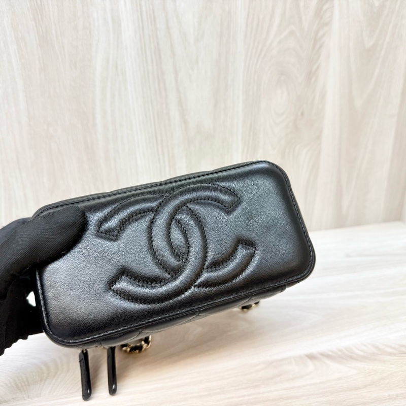 Chanel黑金羊皮菱格手提長盒子皮穿鍊斜背化妝箱AP2199-9