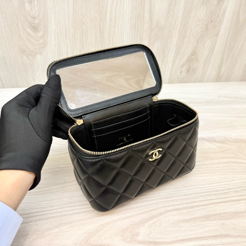 Chanel黑金羊皮菱格手提長盒子皮穿鍊斜背化妝箱AP2199-11