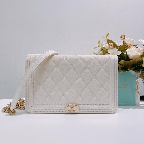 TW4706	Chanel香奈兒 牛皮 鏈條銀包Boy Wallet On Chain Caviar White x GHW