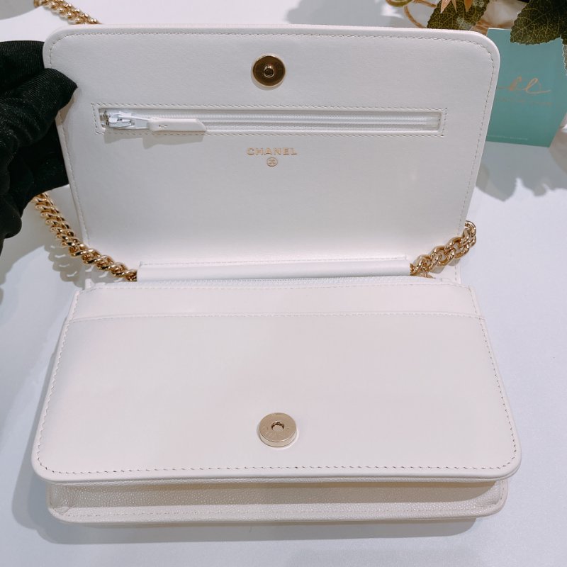 TW4706	Chanel香奈兒 牛皮 鏈條銀包Boy Wallet On Chain Caviar White x GHW-14